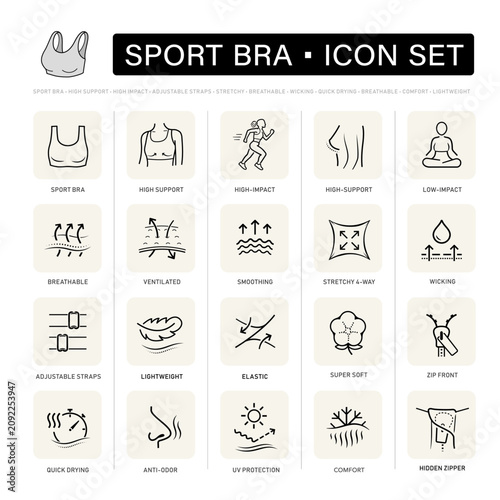 Sport bras icon set. The outline vector icons are well scalable and editable for packaging label design. Great for infographic for different backgrounds. EPS10.