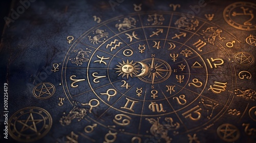 Zodiac, Astrology, Backdrop of sacred zodiac symbols, astrology, alchemy, magic, sorcery and fortune telling