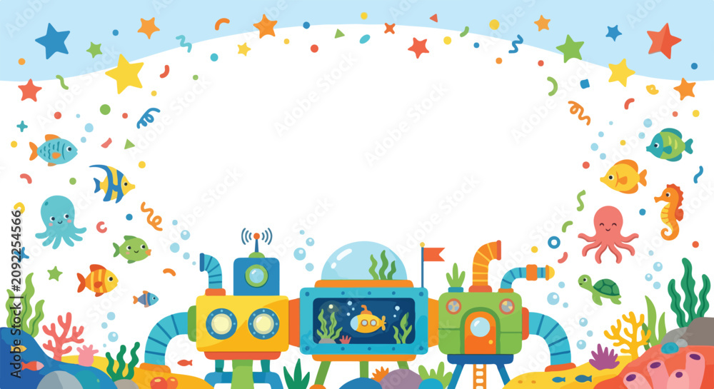 Fototapeta premium A vibrant cartoon underwater scene features colorful sea life, corals, and a whimsical research base surrounding a large central blank space.