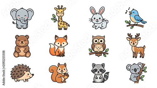 Photography Cute Cartoon Forest Animals Collection: Elephant, Giraffe, Bunny, Bird, Bear, Fo