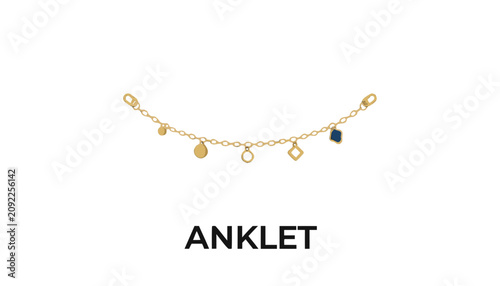 Obraz na płótnie Very beautiful realistic vector illustration of a delicate anklet featuring polished gold chain, tiny charms, elegant shine, and a bold label reading ANKLET, isolated on white background