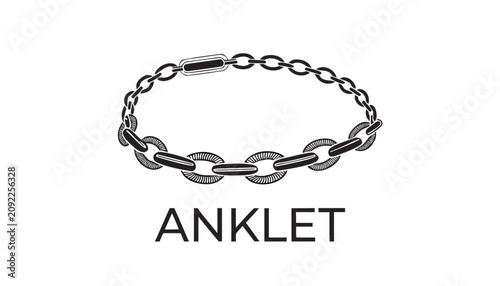 Fotografie Very beautiful black and white realistic vector illustration of a delicate anklet featuring engraved chain details, bold label reading ANKLET, elegant linework, isolated on white background