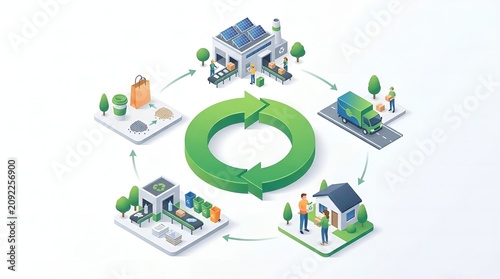 Isometric Circular Economy Concept Showing Sustainable Manufacturing Recycling and Green Logistics Life Cycle