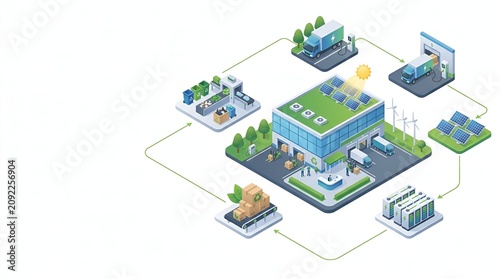 Isometric Sustainable Supply Chain Concept with Solar Panels, Wind Turbines, and Electric Vehicles