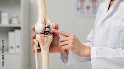 Doctor pointing at a metallic implant within a plastic knee joint anatomy model during a medical consultation, clinic background, concept of orthopedic surgery and recovery.