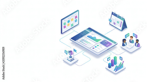 Isometric Project Management Workflow with Data Analytics Dashboard Team Meeting and Planning Tools