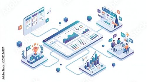 Isometric Business Data Analytics and Project Management Dashboard with Team Collaboration Illustration