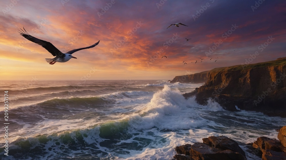 Naklejka premium Majestic seagulls soaring over turbulent ocean waves at sunset, with dramatic cliffs in the background