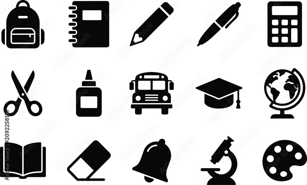 Fototapeta premium Back to School Education Silhouette Icon Set with Classroom Learning and Study Essentials