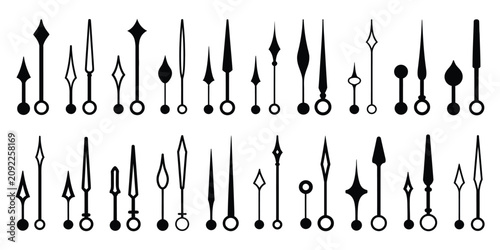 Tableau sur toile Clock hands icons featuring hour and minute pointer pairs in various monochrome styles with clean minimalist vector graphics for analog clocks, watch faces, and timekeeping projects