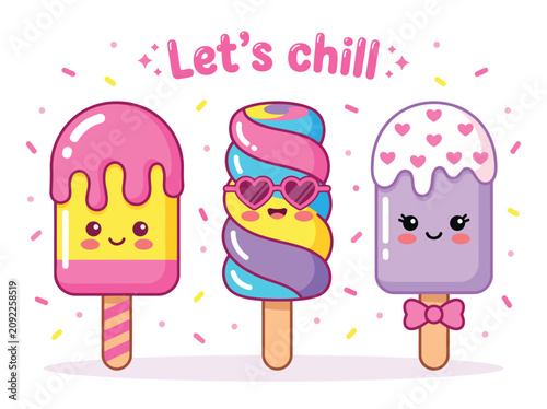 Cute Kawaii Ice Cream Popsicle Characters Set with Lets Chill Text for Summer Refreshment Theme and Stationery Designs
