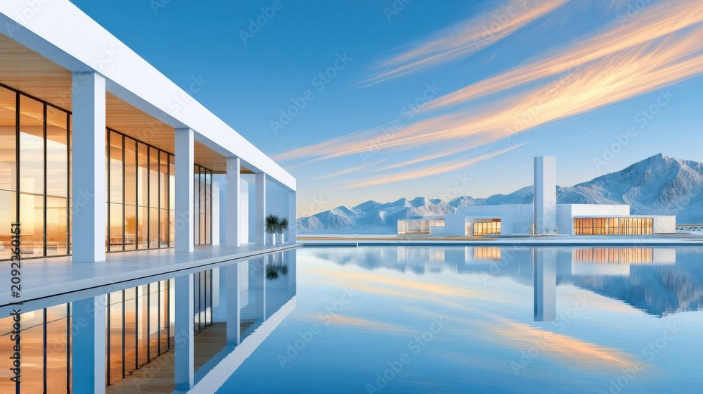 Obraz premium Modern white gigafactory campus by reflective pool with mountains at sunset