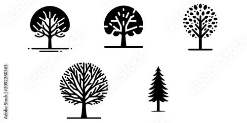 Set Of 5 Minimalist Tree Silhouette Vector Icons, Black And White Nature Illustrations For Eco Logo Brand Identity And Landscape