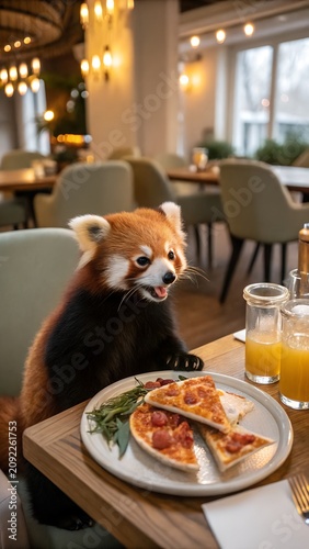 Smiling red panda sharing delicious pizza Vertical advertising concept developed for pizzeria business promotion branding social media campaigns creative restaurant marketing success