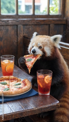 Delightful red panda enjoying fresh pizza slice Vertical restaurant artwork created for pizzeria business branding advertising social media marketing promotional business materials