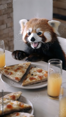 Funny red panda with Italian pizza creating cheerful atmosphere Vertical presentation suitable for pizzeria business marketing advertising social media branding promotional materials today