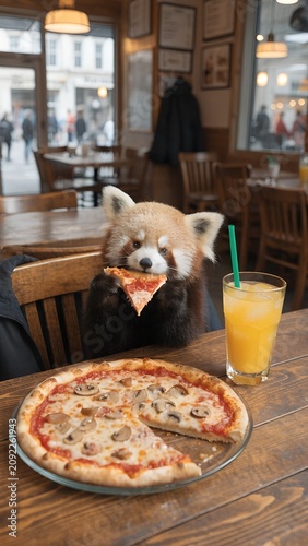 Playful red panda eating fresh pizza in charming style Vertical layout perfect for pizzeria promotion business marketing social media commercial content creation