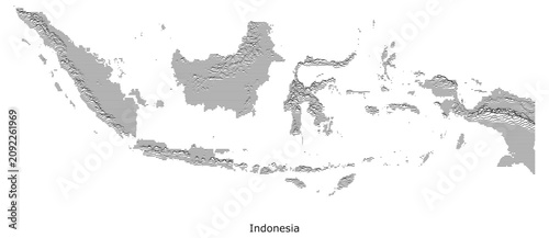 Foto High-contrast, joy-plot style topographic map of Indonesia, illustrating the vast archipelago's complex island chains, volcanic spines, and sprawling marine geography using stacked ridge lines