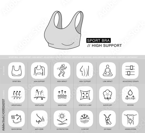 Sport bras hight support icon set. The outline vector icons are well scalable and editable for packaging label design. Great for infographic for different backgrounds. EPS10.