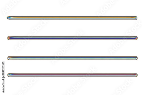 Four horizontal metallic glass pipes set on a transparent background for modern abstract design elements