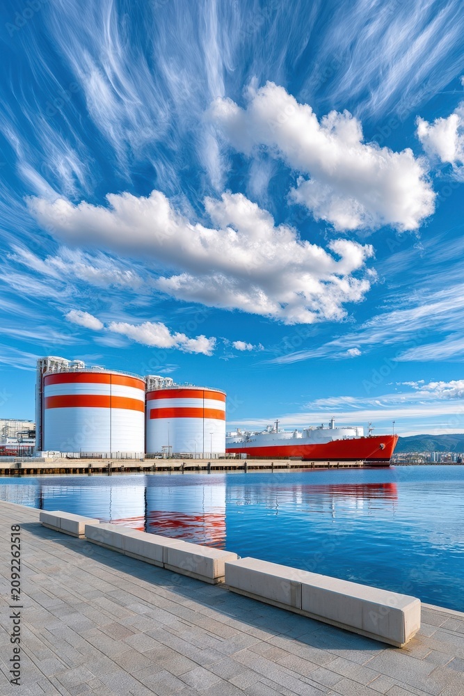 Fototapeta premium LNG terminal with large storage tanks and red cargo ship under dramatic cloud sky at harbor