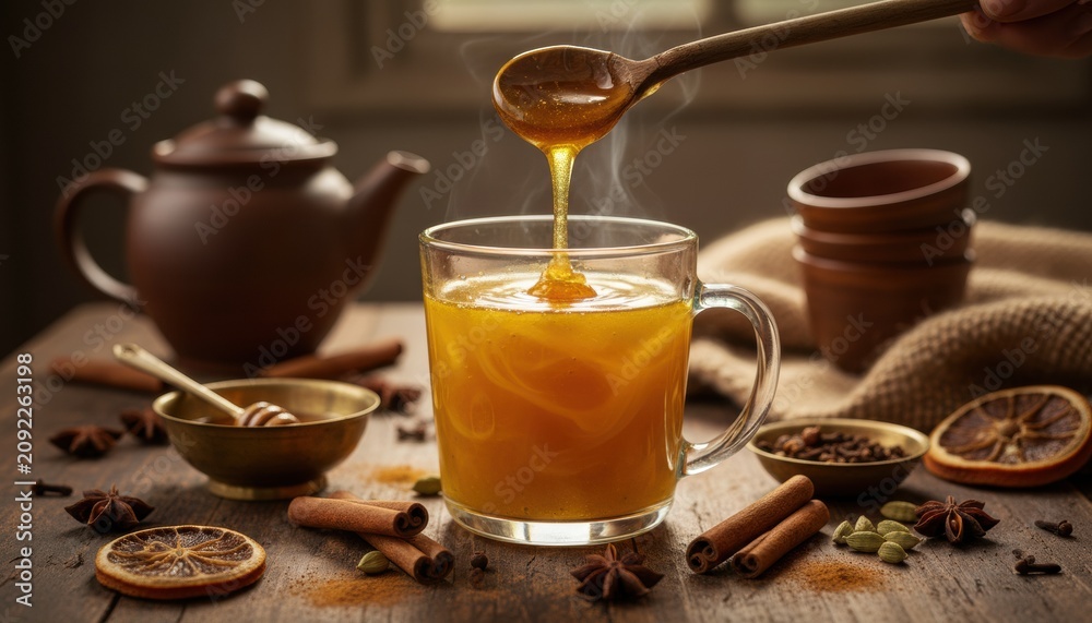 Fototapeta premium Golden honey dripping from wooden spoon into glass cup of steaming herbal tea surrounded by cinnamon star anise cardamon on table
