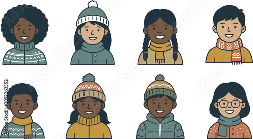Foto Vector illustration set of diverse happy people avatars wearing warm winter clothes beanies sweaters and cozy scarves