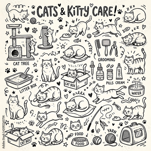 Hand drawn doodle set of cats and kitty care items