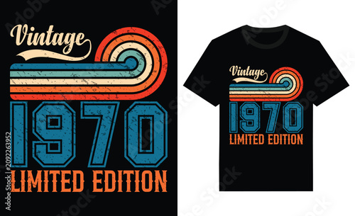 Vintage 1970 limited edition t-shirt design with retro striped graphic