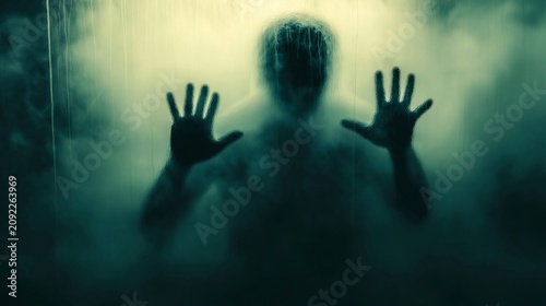 Shadowy Figure Pressing Hands Against Foggy Glass