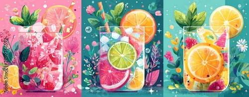 Colorful fruit drinks in artistic glasses.