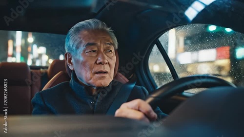 Mature man driving at night in car with city lights