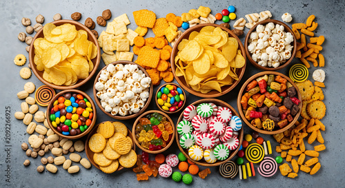 A vibrant assortment of various snacks and candies arranged in bowls, showcasing a colorful variety of treats.