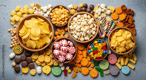 A colorful assortment of various snacks and sweets arranged on a textured surface.