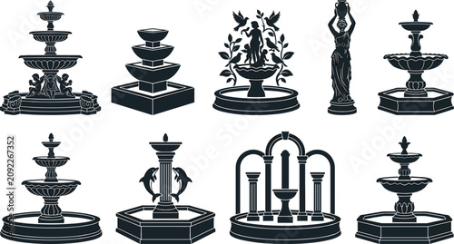 Konstfotografi Classic garden fountain vector icons set with water fountains statues and cascad