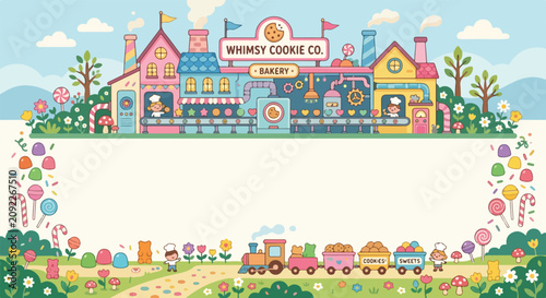 Cuadro en lienzo A whimsical vector illustration featuring a colorful cookie factory, a candy-filled train, and plenty of space for text in the center