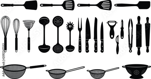 Tableau sur toile Kitchen utensils and cooking tools silhouette collection featuring whisk spatula
