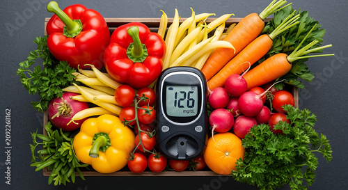 Fresh vegetables and a glucose meter symbolizing healthy eating for diabetes management.