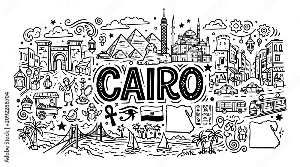 Obraz premium Cairo Travel Landmarks and Egyptian Cultural Symbols in Hand Drawn Doodle Style