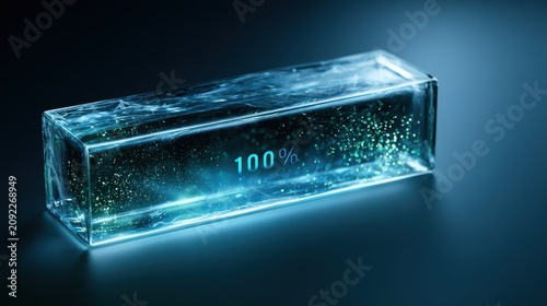 A glowing digital data battery block. Concept for energy efficiency.