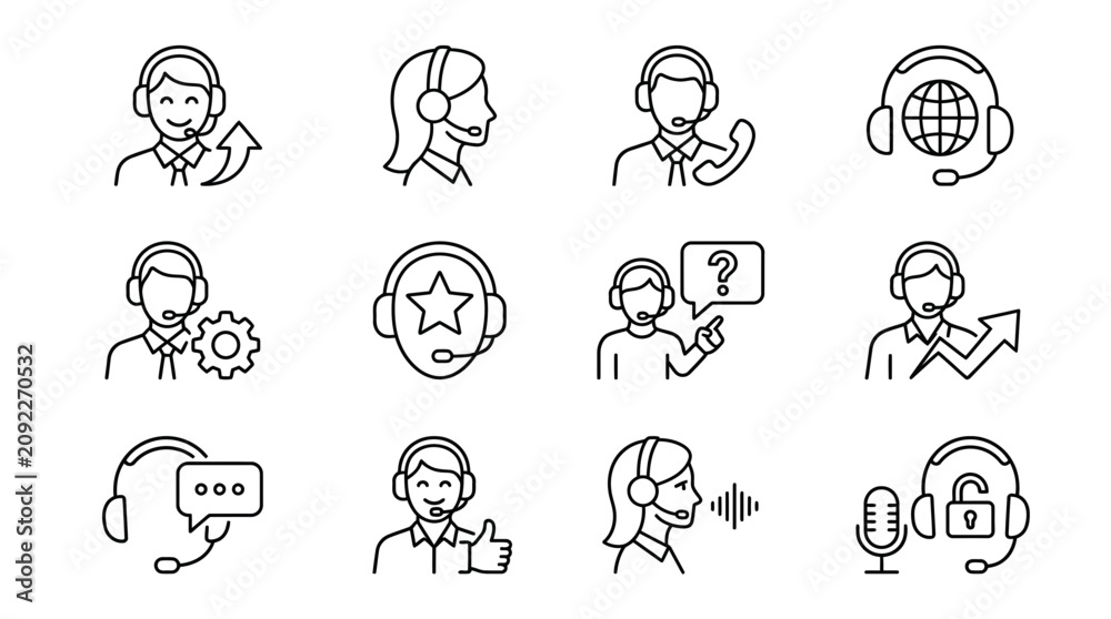 Fototapeta premium Professional Customer Support and Call Center Service Line Icon Set