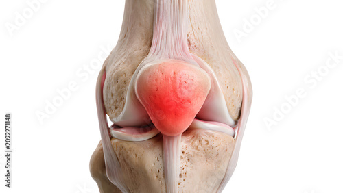 Patellofemoral pain syndrome knee joint anatomy medical education image showing anterior kneecap pain inflammation focus, realistic patella cartilage tendon detail on white background
