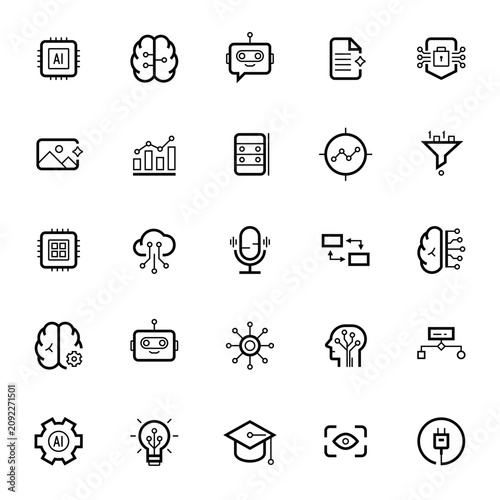 Artificial intelligence and machine learning line icons set