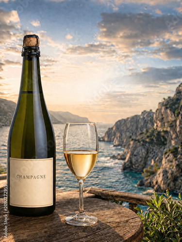 Champagne Bottle and Glass on Rustic Table with Scenic Sea Cliffs at Sunset