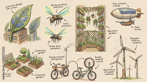 Tablou pe pânză Handdrawn sketches illustrating sustainable living concepts with labels on a tex