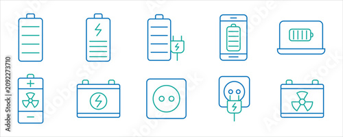 Battery Charging Line Icons Set. Battery Level, Electric Power, Charger, USB Charging, Energy Status Outline Vector Collection