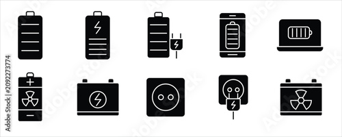 Battery Charging Line Icons Set. Battery Level, Electric Power, Charger, USB Charging, Energy Status Outline Vector Collection