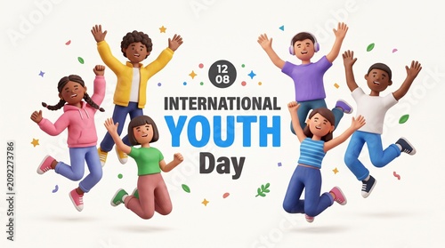 International Youth Day Vector Illustration with Diverse Happy Young People Jumping and Celebrating, 12 August Global Youth Holiday Banner