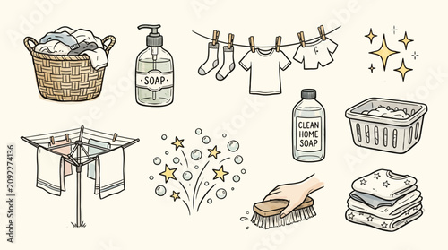 Fotografie A collection of laundrythemed handdrawn illustrations including a wicker basket