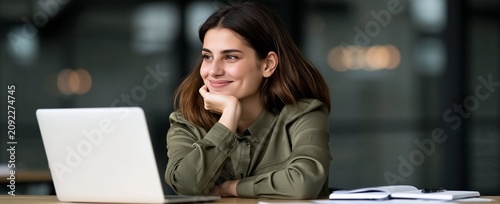 A young woman sitting at a table with a laptop and notebook, smiling and looking thoughtfully to the side in an office environment